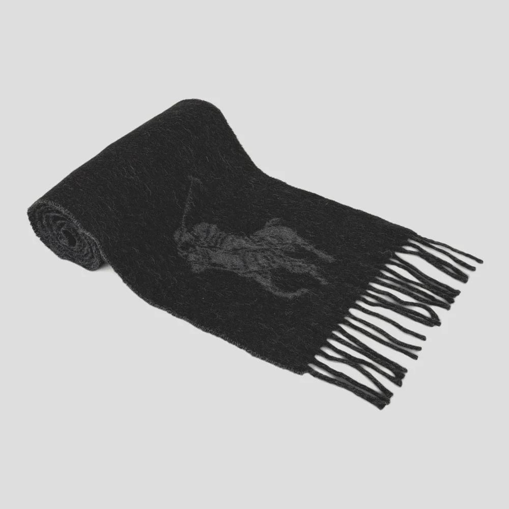 Polo Ralph Lauren Scarf Mens Gray Reversible Wool Fringe Italy Big Pony Logo